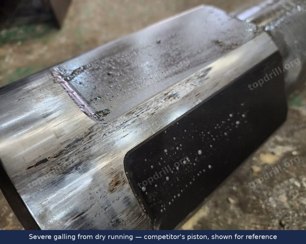 Severe galling on a DTH hammer piston caused by dry running