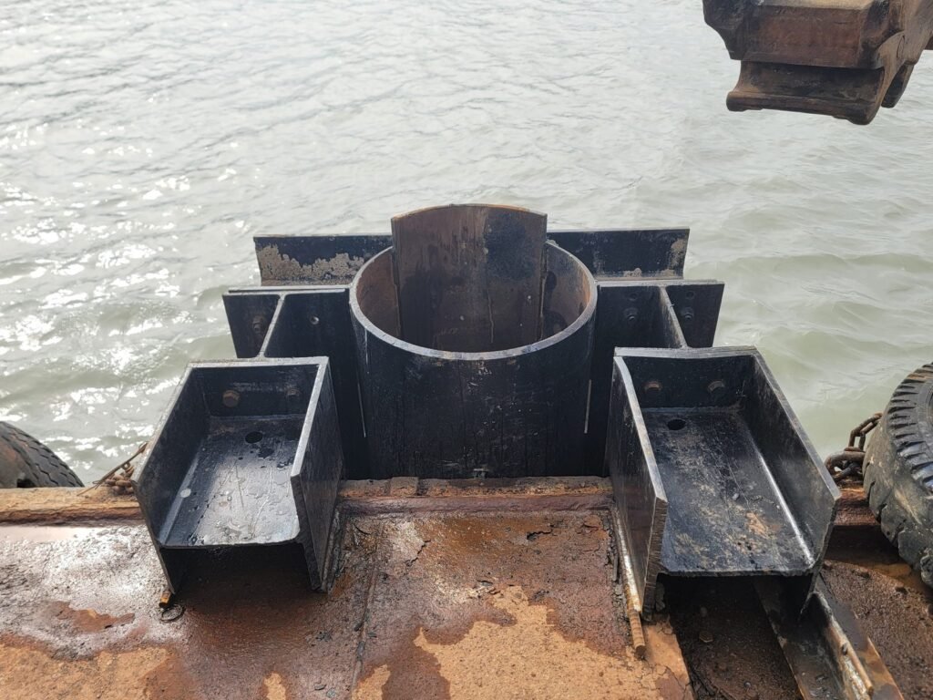 Casing guide frame welded to barge deck for verticality control in offshore piling