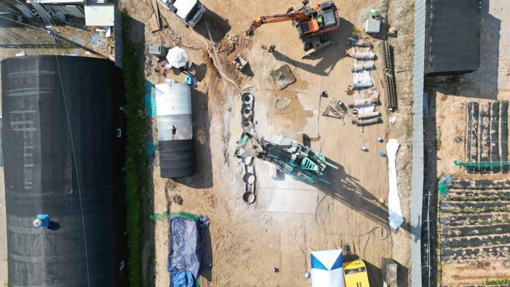 UHPC test cylinders after drilling, drone top-down view